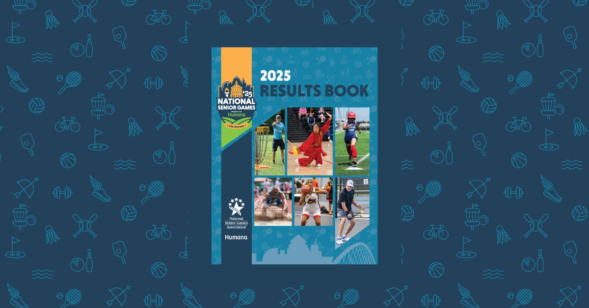 The cover of the Results Book for the 2025 National Senior Games featuring images of multiple athletes.