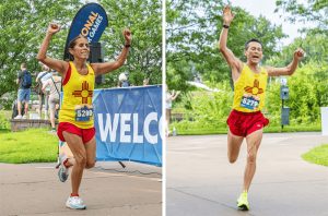 Side by side photos of two runners triumphantly approaching the finish line of a running race. 
