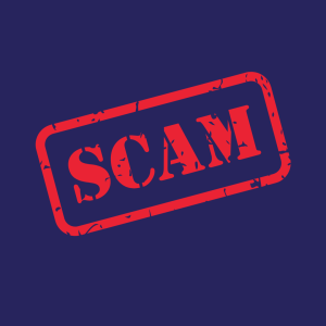 SCAM styled to look like a stamp.