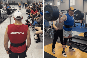 Side by side photos of Maximilian Cavalli. One is of him wearing a red shirt with "Survivor" on the back and looking on the powerlifting competition at the 2025 National Senior Games. The other is Max powerlifting at the gym. 