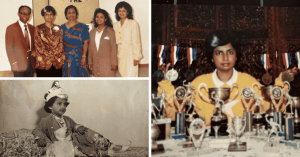 A collage of three photos of Sylvana Airan as a child and family photos.