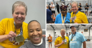 Three photos of Kari Torkelson smiling with other medal winners at the 2025 National Senior Games basketball shooting skills competition.