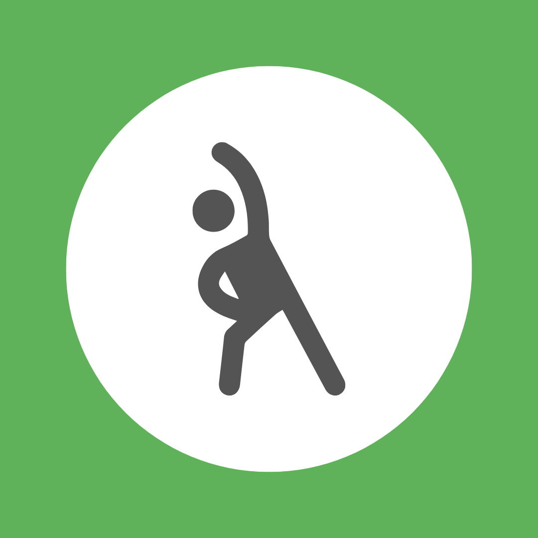 A button with a grey icon of a person stretching.